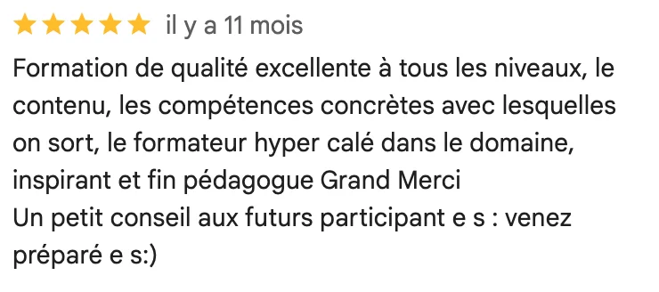 Avis Google d'un·e participant·e à nos formations
